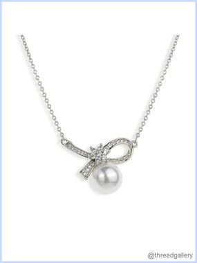 Gold Plated Pearl Pendant Y Necklace CZ Bow Dangle Chain Women Jewelry